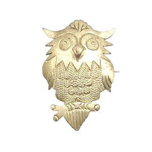 Vintage Alpaca Silver Brooch, Etched Owl on Branch, Figural Bird Pin, Mexico